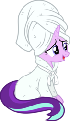 Size: 3493x6000 | Tagged: safe, artist:slb94, starlight glimmer, g4, bathrobe, clothes, female, open mouth, robe, simple background, sitting, solo, towel, transparent background, vector