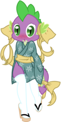 Size: 1107x2195 | Tagged: safe, artist:pyruvate, artist:reduxdrawer8k, spike, anthro, comic:dragon queen, g4, bow, clothes, crossdressing, femboy, femboy spike, japan, kimono (clothing), male, ribbon, simple background, sissy, stockings, tail bow, transparent background