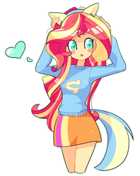 Size: 1024x1292 | Tagged: safe, artist:riouku, sunset shimmer, equestria girls, g4, :o, blush sticker, blushing, canterlot high, clothes, colored pupils, cute, female, heart, moe, open mouth, pony ears, school spirit, shimmerbetes, simple background, skirt, solo, sweater, watermark, white background, wide eyes, wondercolts