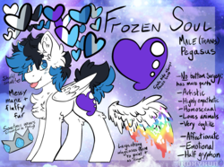Size: 3191x2368 | Tagged: safe, artist:php166, oc, oc only, oc:frozen soul, pegasus, pony, bio, crown, cutie mark, fangs, freckles, high res, jewelry, male, paint, palette, reference sheet, regalia, solo, stallion, text, tongue out, transgender, wings