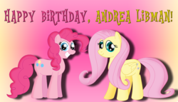 Size: 3631x2080 | Tagged: safe, artist:cyber-murph, fluttershy, pinkie pie, g4, andrea libman, happy birthday, high res, tribute