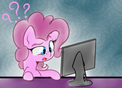 Size: 1024x740 | Tagged: safe, artist:alazak, pinkie pie, earth pony, pony, g4, computer, confused, confused nick young, female, flatscreen, mare, monitor, open mouth, question mark, reaction image, simple background, solo