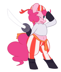Size: 1280x1524 | Tagged: safe, artist:mr-degration, pinkie pie, earth pony, pony, g4, belly button, bipedal, female, pirate, simple background, solo, sword, transparent background, weapon