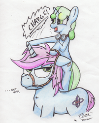 Size: 1469x1830 | Tagged: safe, artist:plinko, oc, oc only, oc:gyro tech, oc:sweetwater, pony, unicorn, bridle, female, filly, goggles, gywater, ponies riding ponies, reins, riding, shipping, sweetwater riding gyro tech, traditional art