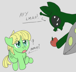 Size: 944x900 | Tagged: safe, artist:lockhe4rt, oc, oc only, oc:viva reverie, alien, pony, pony town, :o, apple, ayy lmao, fangs, floppy ears, flying saucer, food, hoof hold, open mouth, question mark, raised hoof, sitting, smiling
