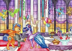 Size: 1023x727 | Tagged: safe, artist:twixyamber, diamond mint, flash sentry, royal ribbon, twilight sparkle, alicorn, pony, g4, alternate hairstyle, clothes, dress, female, grand galloping gala, hair bun, male, ship:flashlight, shipping, straight, traditional art, twilight sparkle (alicorn)