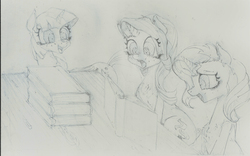 Size: 1441x900 | Tagged: safe, artist:jericoanon, starlight glimmer, sunset shimmer, twilight sparkle, alicorn, pony, unicorn, g4, book, reading, traditional art, twilight sparkle (alicorn), twilight's counterparts