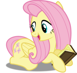 Size: 5000x4761 | Tagged: safe, artist:dashiesparkle, fluttershy, pegasus, pony, g4, the hooffields and mccolts, absurd resolution, book, female, folded wings, holding, inkscape, looking back, lying down, open mouth, ponyscape, simple background, solo, talking, transparent background, vector