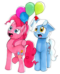 Size: 1024x1258 | Tagged: safe, artist:lolly-pop-girl732, pinkie pie, pokey pierce, g4, balloon, balloon popping, female, male, party balloon, ship:pokeypie, shipping, straight