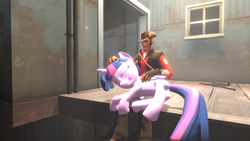 Size: 1280x720 | Tagged: safe, artist:christian69229, twilight sparkle, alicorn, human, pony, g4, 3d, crossover, cuddling, cute, female, mare, on side, petting, sitting, sleeping, smiling, sniper, sniper (tf2), source filmmaker, team fortress 2, twiabetes, twilight sparkle (alicorn), weapon