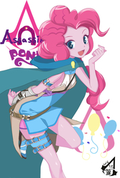 Size: 639x952 | Tagged: safe, artist:holo, pinkie pie, human, equestria girls, g4, assassin, assassin's creed, crossover, cute, cutie mark, diapinkes, female, open mouth, pixiv, simple background, solo, white background