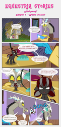 Size: 1919x3965 | Tagged: safe, artist:estories, discord, oc, oc:squeaky pitch, draconequus, earth pony, pony, comic:find yourself, g4, comic, cushion, lamp, micro, shrunk, table