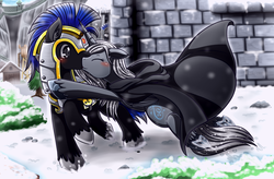 Size: 2280x1500 | Tagged: safe, artist:vavacung, oc, oc only, oc:silver wind, alicorn, pony, alicorn oc, blushing, commission, guard, kissing, snow, snowfall
