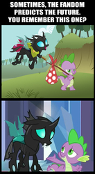 Size: 454x826 | Tagged: dead source, safe, artist:dragonmorpheus, edit, doomie, spike, thorax, changeling, g4, the times they are a changeling, adventure, bindle, clothes, flying, hilarious in hindsight, image macro, meme, open mouth, scarf, smiling, smirk, the wandering changelings