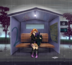 Size: 942x848 | Tagged: safe, artist:bluest-ayemel, sunset shimmer, oc, oc:nyx, alicorn, human, equestria girls, g4, alicorn oc, bench, bus stop, duo, fanfic art, fanfic cover, fimfiction, horn, horned humanization, hug, human coloration, humanized, pony coloring, pony ears, rain, winged humanization