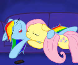 Size: 1280x1067 | Tagged: safe, artist:amazome, artist:sparkyplx, fluttershy, rainbow dash, pony, g4, couch, cuddling, drool, duo, female, lesbian, mare, remote, ship:flutterdash, shipping, sleeping, sleeping together, snuggling