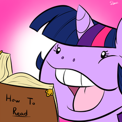 Size: 900x900 | Tagged: safe, artist:slypon, twilight sparkle, pony, g4, beady eyes, book, bust, faic, female, how to read, irony, open mouth, paradox, portrait, solo