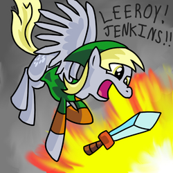 Size: 1000x1000 | Tagged: safe, artist:sir-croco, derpy hooves, pegasus, pony, g4, female, leeroy jenkins, link, mare, solo, sword, the legend of zelda, weapon