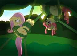 Size: 1280x941 | Tagged: safe, artist:radiantrealm, fluttershy, tree hugger, g4, bondage, butt, commission, dock, duo, duo female, female, i've seen enough hentai to know where this is going, nose wrinkle, plant bondage, plot, show accurate, suspended, upside down, vine, vine bondage