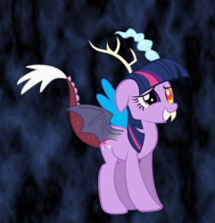 Size: 1059x1099 | Tagged: safe, artist:blmn564, discord, twilight sparkle, draconequus, g4, discord sparkle, draconequified, female, male, mismatched horns, mismatched wings, ship:discolight, shipping, solo, species swap, straight, twikonequus, wings