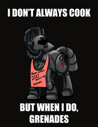 Size: 1000x1300 | Tagged: safe, artist:gasmaskfox, oc, oc only, oc:steelhooves, earth pony, pony, fallout equestria, applejack's rangers, apron, armor, clothes, fanfic, fanfic art, humor, image macro, male, meme, power armor, solo, stallion, steel ranger