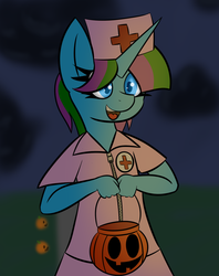 Size: 1017x1281 | Tagged: safe, artist:psicarii, oc, oc only, unicorn, anthro, anthro oc, clothes, costume, halloween, pumpkin bucket, solo