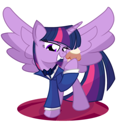 Size: 1800x1900 | Tagged: safe, artist:geraritydevillefort, twilight sparkle, alicorn, pony, the count of monte rainbow, g4, bowtie, clothes, crossover, female, food, monsparkle, muffin, raised hoof, solo, the count of monte cristo, twilight sparkle (alicorn)