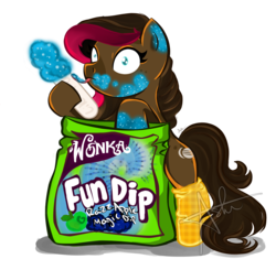 Size: 5000x4700 | Tagged: safe, artist:gummysharkcircus, oc, oc only, oc:artistyx, pony, absurd resolution, candy, caught, food, fun dip, simple background, solo, transparent background, wonka candy