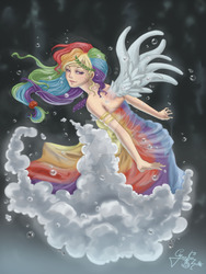 Size: 900x1200 | Tagged: safe, artist:gryce-allergies, artist:marshall-bananah, rainbow dash, human, g4, clothes, dress, female, gala dress, humanized, solo, underwater, watermark