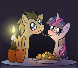 Size: 1024x902 | Tagged: safe, artist:cybertoaster, doctor whooves, time turner, twilight sparkle, earth pony, pony, g4, blushing, candle, crossover, doctwi, duo, food, imminent kissing, lady and the tramp, male, pasta, shipping, spaghetti, spaghetti scene, stallion, straight