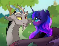 Size: 2880x2245 | Tagged: safe, artist:elementalokami, discord, princess luna, g4, :o, bedroom eyes, blushing, eye contact, female, fluffy, high res, hug, looking at each other, male, neck hug, open mouth, ship:lunacord, shipping, smiling, straight