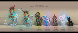 Size: 2534x1080 | Tagged: safe, artist:huussii, oc, oc only, air elemental, crystal pony, earth elemental, earth pony, elemental, original species, pegasus, plant pony, pony, sea pony, spriggan, unicorn, water elemental, water pony, armor, comparison chart, flower, flower in hair, headcanon, helmet, mythology, rock pony