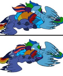 Size: 1024x1244 | Tagged: safe, artist:colourstrike, oc, oc only, oc:glider, oc:hurricane, oc:storm, colored wings, colored wingtips, cuddling, cute, offspring, older, parent:rainbow dash, parent:soarin', parents:soarindash, sleeping, snuggling