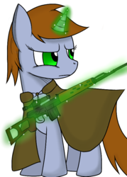 Size: 537x751 | Tagged: safe, artist:mansun, oc, oc only, oc:littlepip, pony, unicorn, fallout equestria, cape, clothes, fanfic, fanfic art, female, glowing horn, gun, hooves, horn, jumpsuit, levitation, magic, mare, optical sight, pipbuck, rifle, scope, simple background, sniper rifle, solo, svd, telekinesis, vault suit, weapon, white background