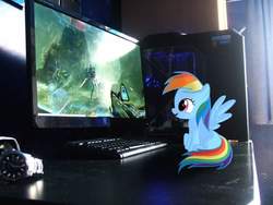 Size: 720x540 | Tagged: safe, rainbow dash, g4, computer, filly, filly rainbow dash, halo (series), ign, irl, monitor, photo, ponies in real life