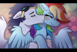 Size: 2200x1500 | Tagged: safe, artist:monnarcha, rainbow dash, soarin', pony, g4, 30 day otp challenge, bandage, female, goggles, heart, kissing, male, ship:soarindash, shipping, snuggling, straight