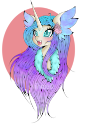 Size: 884x1280 | Tagged: safe, artist:niniibear, oc, oc only, adoptable, blue, bust, closed, colored pupils, cute, diffrent ears, expression, fluffy, happy, portrait, purple, solo, species, sweet