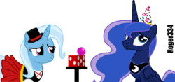 Size: 5680x2668 | Tagged: safe, artist:roger334, princess luna, trixie, pony, unicorn, g4, birthday, female, mare, simple background, transparent background, vector