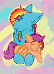 Size: 2552x3508 | Tagged: safe, artist:jeyjeymohr, rainbow dash, scootaloo, g4, cute, cutealoo, high res, scootalove, sleeping