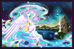 Size: 5400x3600 | Tagged: safe, artist:theneithervoid, princess celestia, anthro, unguligrade anthro, g4, canterlot castle, dawn, female, looking away, mountain, scenery, solo