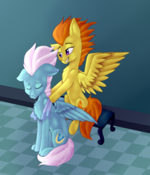 Size: 1407x1646 | Tagged: safe, artist:bayanik, fleetfoot, spitfire, g4, newbie dash, backwards cutie mark, chest fluff, female, fleetfire, lesbian, massage, scene interpretation, shipping, wrong cutie mark