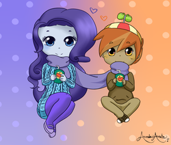 Size: 1703x1446 | Tagged: safe, artist:emeriwatson, button mash, rarity, equestria girls, g4, anime, apple juice, clothes, equestria girls-ified, female, heart, juice, juice box, male, rarimash, scarf, shared clothing, shared scarf, shipping, straight, sweater