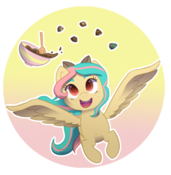 Size: 518x530 | Tagged: safe, artist:okayowl, oc, oc only, oc:vanilla ganache, pegasus, pony, cooking, flying, food, solo