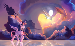 Size: 2560x1600 | Tagged: dead source, safe, artist:gianghanz, twilight sparkle, alicorn, pony, g4, cloud, female, glowing eyes, reflection, scenery, solo, spread wings, sun, twilight sparkle (alicorn)