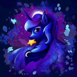 Size: 1000x1000 | Tagged: safe, artist:azurainalis, princess luna, g4, female, moon, mouth hold, solo, stars, tangible heavenly object