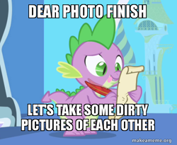 Size: 554x454 | Tagged: safe, edit, edited screencap, screencap, photo finish, spike, dragon, friendship is magic, g4, caption, image macro, letter, makeameme.org, male, meme, quill, scroll, spike's love letters, tongue out, twilight's canterlot home, window