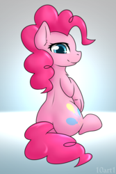 Size: 1024x1536 | Tagged: safe, artist:10art1, pinkie pie, g4, balloonbutt, butt, chest fluff, cute, female, looking at you, looking back, looking back at you, plot, sitting, solo