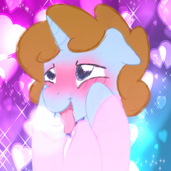 Size: 1024x1024 | Tagged: safe, artist:timidwithapen, oc, oc only, oc:drawalot, pony, unicorn, :p, blushing, heart, solo, tongue out
