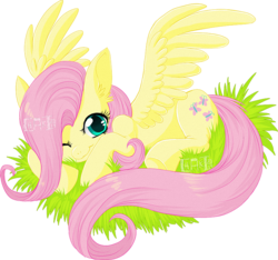 Size: 800x750 | Tagged: safe, artist:chakisuu, fluttershy, g4, cute, female, looking at you, lying down, one eye closed, shyabetes, simple background, solo, spread wings, transparent background