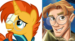 Size: 708x392 | Tagged: safe, artist:luigi-mario, sunburst, human, pony, unicorn, g4, atlantis: the lost empire, comparison, disney, duo, duo male, glasses, male, milo thatch, portrait, stallion